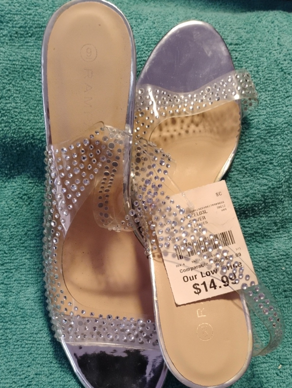Rampage Clear Rhinestone Slide Sandals with Silver Trim